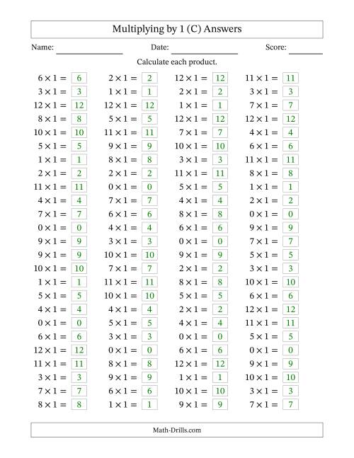 The Horizontally Arranged Multiplying (0 to 12) by 1 (100 Questions) (C) Math Worksheet Page 2