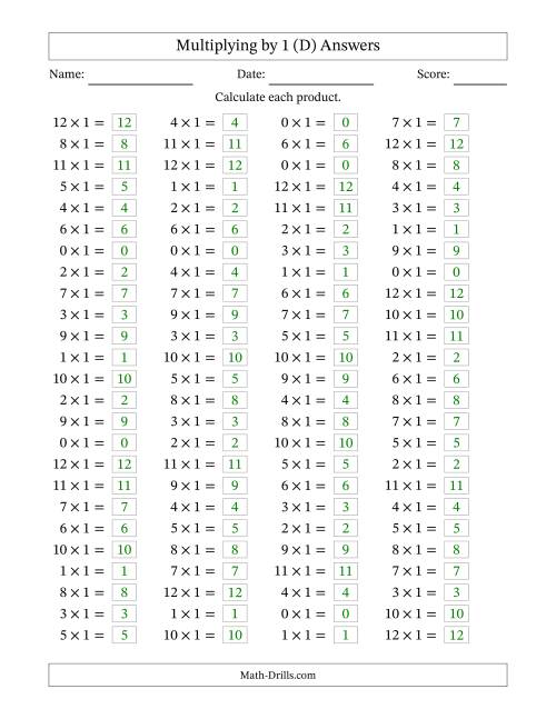The Horizontally Arranged Multiplying (0 to 12) by 1 (100 Questions) (D) Math Worksheet Page 2