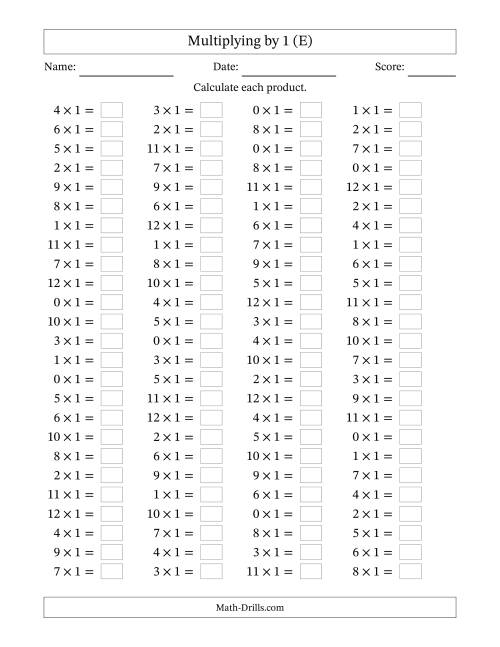 The Horizontally Arranged Multiplying (0 to 12) by 1 (100 Questions) (E) Math Worksheet