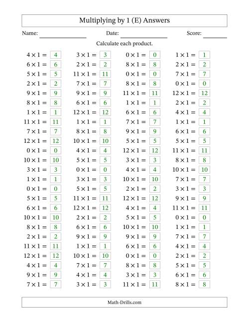 The Horizontally Arranged Multiplying (0 to 12) by 1 (100 Questions) (E) Math Worksheet Page 2