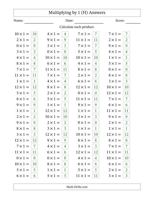 The Horizontally Arranged Multiplying (0 to 12) by 1 (100 Questions) (H) Math Worksheet Page 2