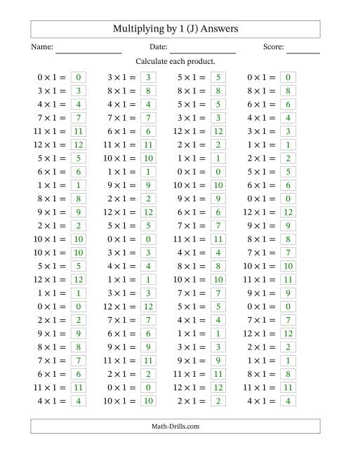 The Horizontally Arranged Multiplying (0 to 12) by 1 (100 Questions) (J) Math Worksheet Page 2