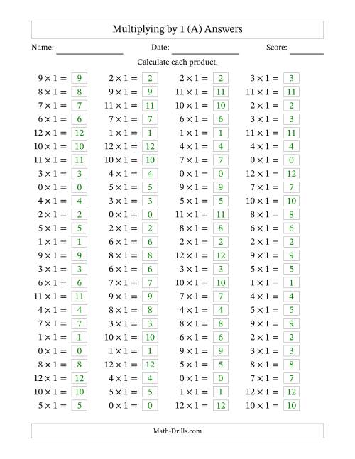 The Horizontally Arranged Multiplying (0 to 12) by 1 (100 Questions) (All) Math Worksheet Page 2