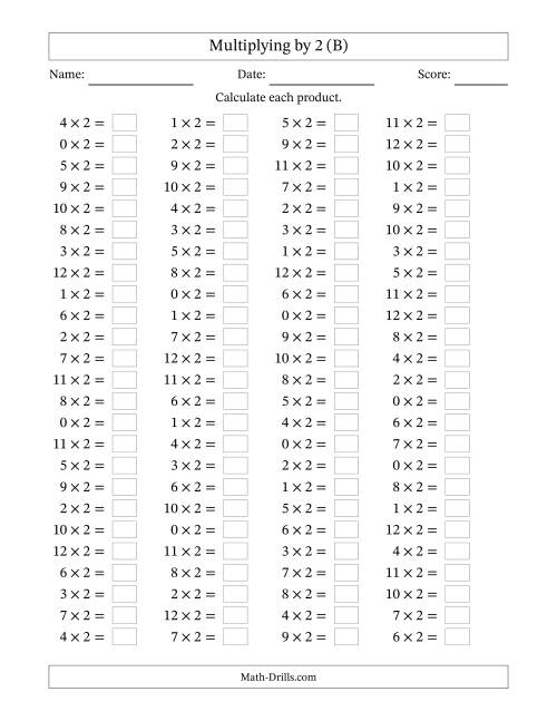 The Horizontally Arranged Multiplying (0 to 12) by 2 (100 Questions) (B) Math Worksheet