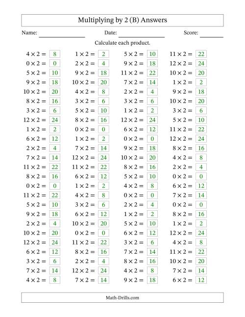 The Horizontally Arranged Multiplying (0 to 12) by 2 (100 Questions) (B) Math Worksheet Page 2