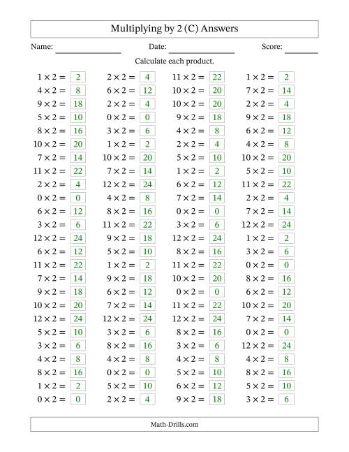 The Horizontally Arranged Multiplying (0 to 12) by 2 (100 Questions) (C) Math Worksheet Page 2