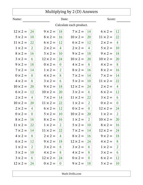 The Horizontally Arranged Multiplying (0 to 12) by 2 (100 Questions) (D) Math Worksheet Page 2