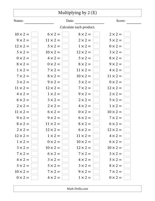The Horizontally Arranged Multiplying (0 to 12) by 2 (100 Questions) (E) Math Worksheet