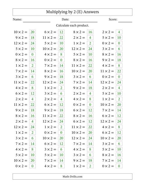 The Horizontally Arranged Multiplying (0 to 12) by 2 (100 Questions) (E) Math Worksheet Page 2
