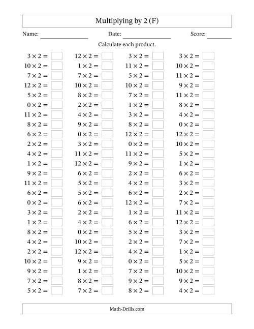 The Horizontally Arranged Multiplying (0 to 12) by 2 (100 Questions) (F) Math Worksheet