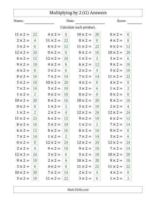 The Horizontally Arranged Multiplying (0 to 12) by 2 (100 Questions) (G) Math Worksheet Page 2