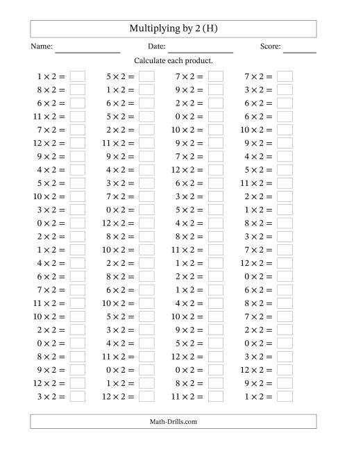 The Horizontally Arranged Multiplying (0 to 12) by 2 (100 Questions) (H) Math Worksheet