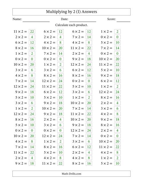 The Horizontally Arranged Multiplying (0 to 12) by 2 (100 Questions) (I) Math Worksheet Page 2