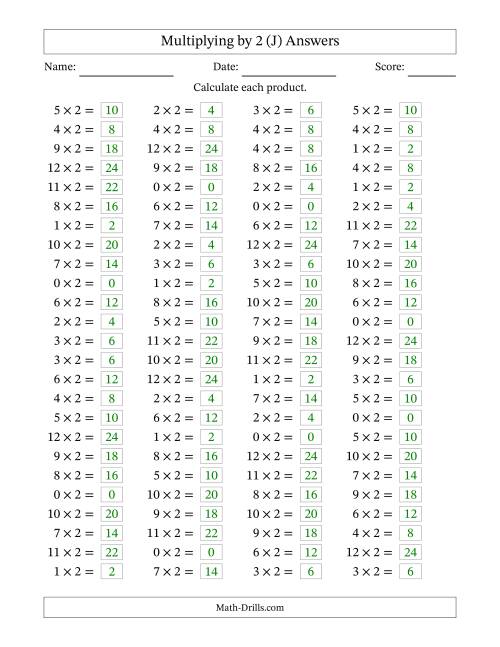 The Horizontally Arranged Multiplying (0 to 12) by 2 (100 Questions) (J) Math Worksheet Page 2