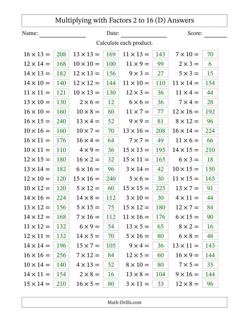 The Horizontally Arranged Multiplying with Factors 2 to 16 (100 Questions) (D) Math Worksheet Page 2