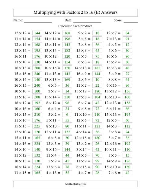 The Horizontally Arranged Multiplying with Factors 2 to 16 (100 Questions) (E) Math Worksheet Page 2