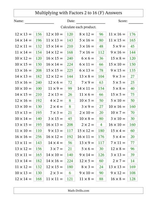 The Horizontally Arranged Multiplying with Factors 2 to 16 (100 Questions) (F) Math Worksheet Page 2