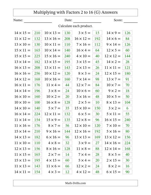 The Horizontally Arranged Multiplying with Factors 2 to 16 (100 Questions) (G) Math Worksheet Page 2