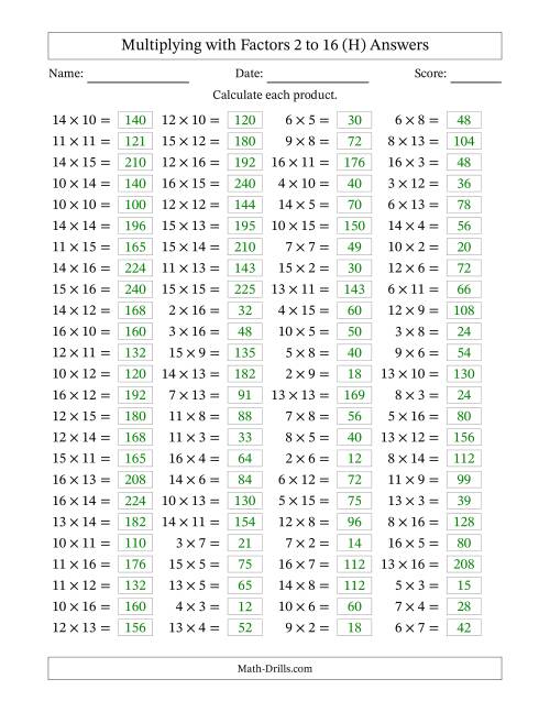 The Horizontally Arranged Multiplying with Factors 2 to 16 (100 Questions) (H) Math Worksheet Page 2