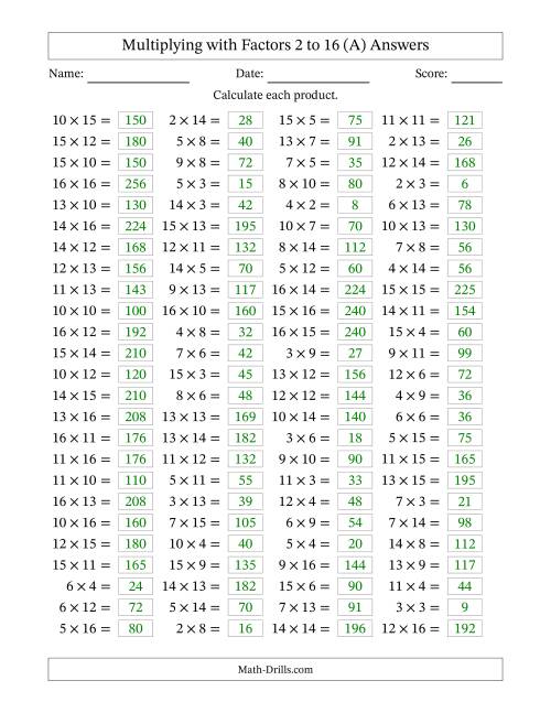 The Horizontally Arranged Multiplying with Factors 2 to 16 (100 Questions) (All) Math Worksheet Page 2