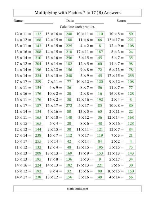 The Horizontally Arranged Multiplying with Factors 2 to 17 (100 Questions) (B) Math Worksheet Page 2