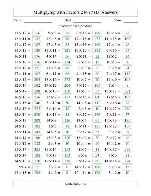 The Horizontally Arranged Multiplying with Factors 2 to 17 (100 Questions) (D) Math Worksheet Page 2
