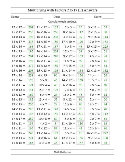 The Horizontally Arranged Multiplying with Factors 2 to 17 (100 Questions) (E) Math Worksheet Page 2