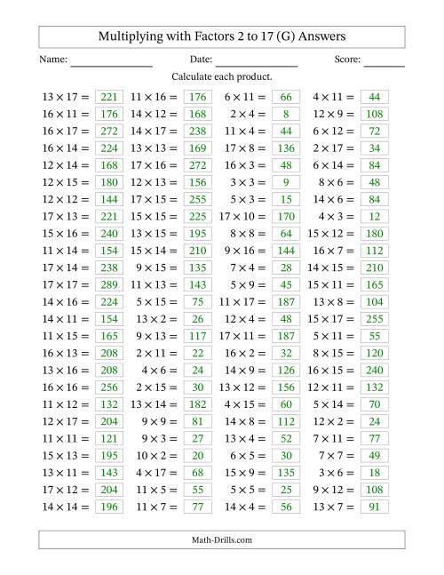 The Horizontally Arranged Multiplying with Factors 2 to 17 (100 Questions) (G) Math Worksheet Page 2