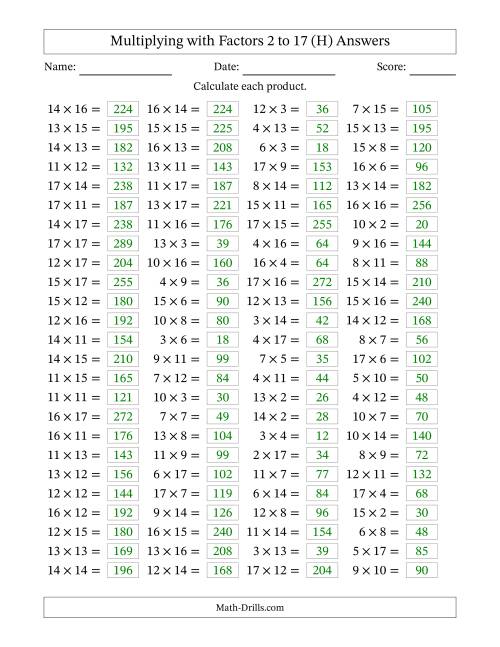 The Horizontally Arranged Multiplying with Factors 2 to 17 (100 Questions) (H) Math Worksheet Page 2