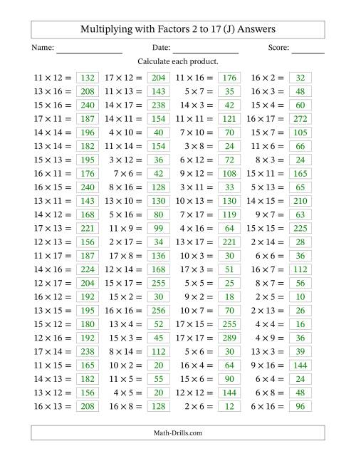 The Horizontally Arranged Multiplying with Factors 2 to 17 (100 Questions) (J) Math Worksheet Page 2