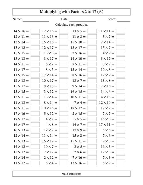 The Horizontally Arranged Multiplying with Factors 2 to 17 (100 Questions) (All) Math Worksheet
