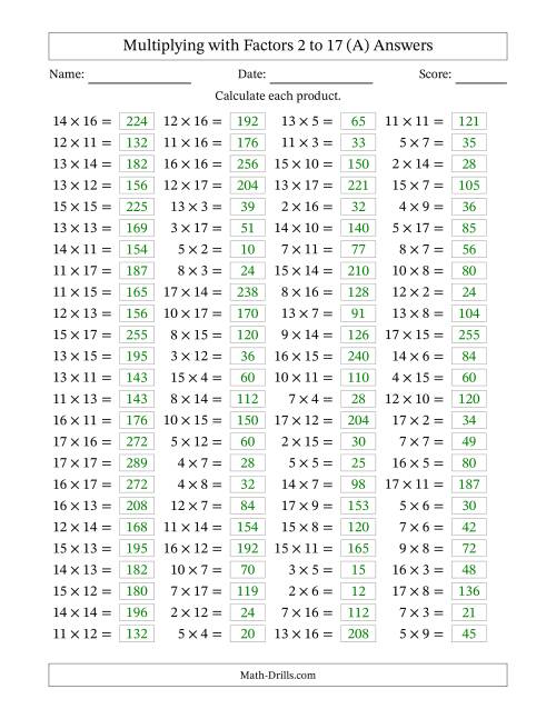 The Horizontally Arranged Multiplying with Factors 2 to 17 (100 Questions) (All) Math Worksheet Page 2
