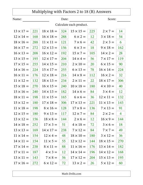 The Horizontally Arranged Multiplying with Factors 2 to 18 (100 Questions) (B) Math Worksheet Page 2