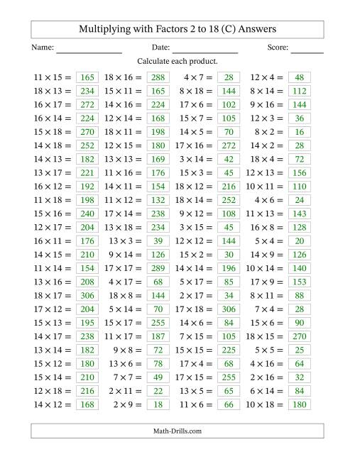 The Horizontally Arranged Multiplying with Factors 2 to 18 (100 Questions) (C) Math Worksheet Page 2