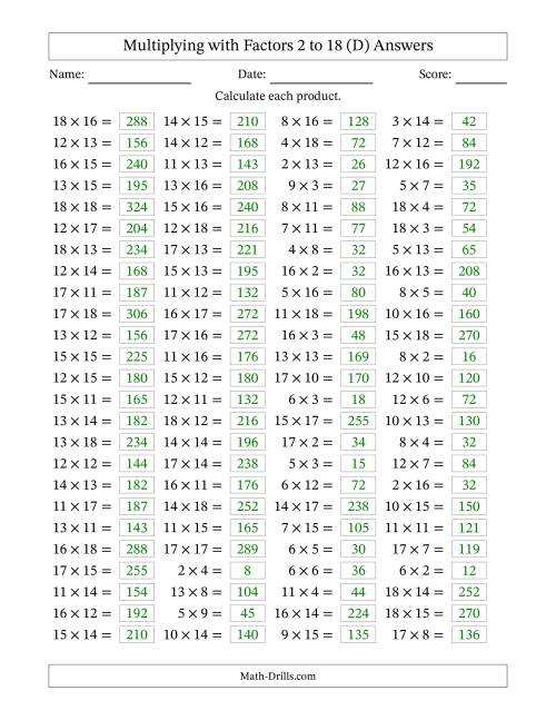 The Horizontally Arranged Multiplying with Factors 2 to 18 (100 Questions) (D) Math Worksheet Page 2