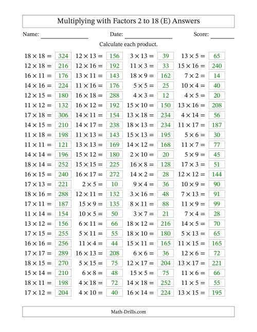 The Horizontally Arranged Multiplying with Factors 2 to 18 (100 Questions) (E) Math Worksheet Page 2