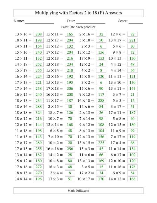 The Horizontally Arranged Multiplying with Factors 2 to 18 (100 Questions) (F) Math Worksheet Page 2