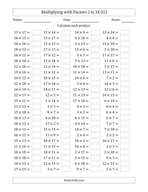 The Horizontally Arranged Multiplying with Factors 2 to 18 (100 Questions) (G) Math Worksheet