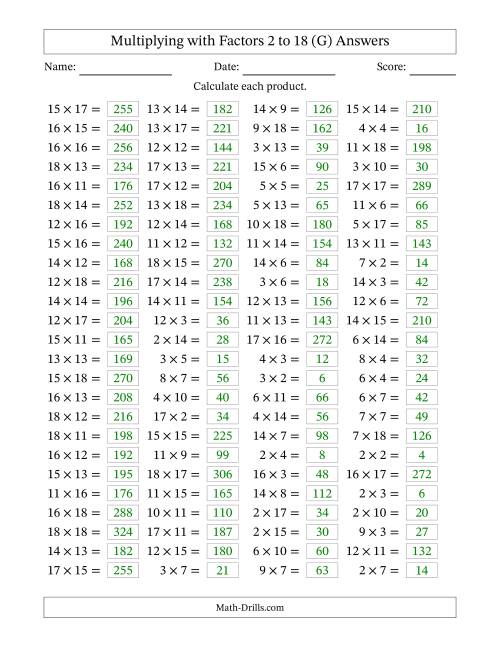 The Horizontally Arranged Multiplying with Factors 2 to 18 (100 Questions) (G) Math Worksheet Page 2
