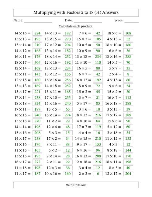 The Horizontally Arranged Multiplying with Factors 2 to 18 (100 Questions) (H) Math Worksheet Page 2