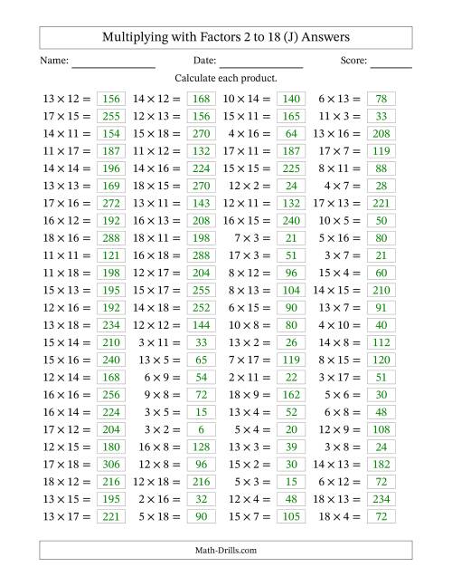 The Horizontally Arranged Multiplying with Factors 2 to 18 (100 Questions) (J) Math Worksheet Page 2