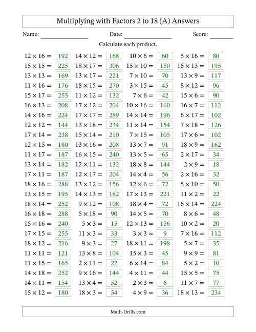 The Horizontally Arranged Multiplying with Factors 2 to 18 (100 Questions) (All) Math Worksheet Page 2