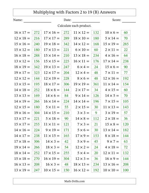 The Horizontally Arranged Multiplying with Factors 2 to 19 (100 Questions) (B) Math Worksheet Page 2