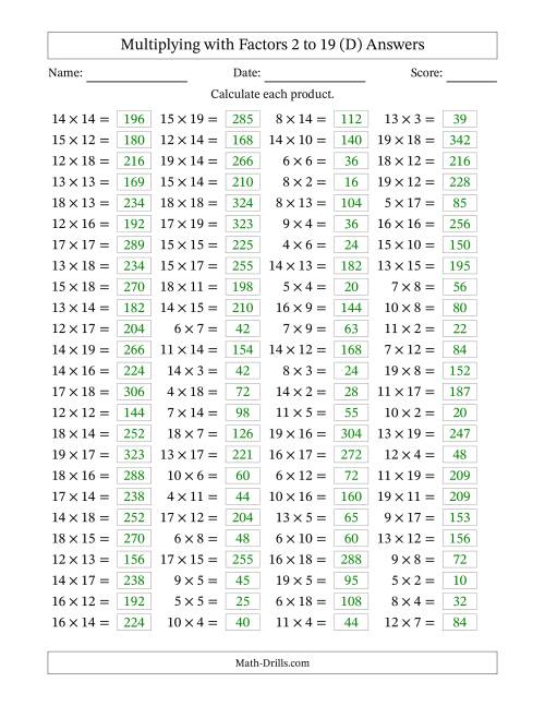 The Horizontally Arranged Multiplying with Factors 2 to 19 (100 Questions) (D) Math Worksheet Page 2
