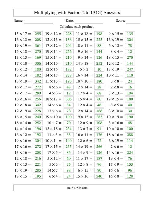 The Horizontally Arranged Multiplying with Factors 2 to 19 (100 Questions) (G) Math Worksheet Page 2
