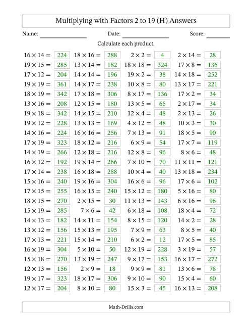 The Horizontally Arranged Multiplying with Factors 2 to 19 (100 Questions) (H) Math Worksheet Page 2