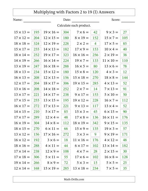 The Horizontally Arranged Multiplying with Factors 2 to 19 (100 Questions) (I) Math Worksheet Page 2