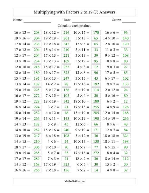 The Horizontally Arranged Multiplying with Factors 2 to 19 (100 Questions) (J) Math Worksheet Page 2
