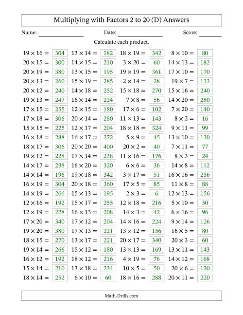 The Horizontally Arranged Multiplying with Factors 2 to 20 (100 Questions) (D) Math Worksheet Page 2