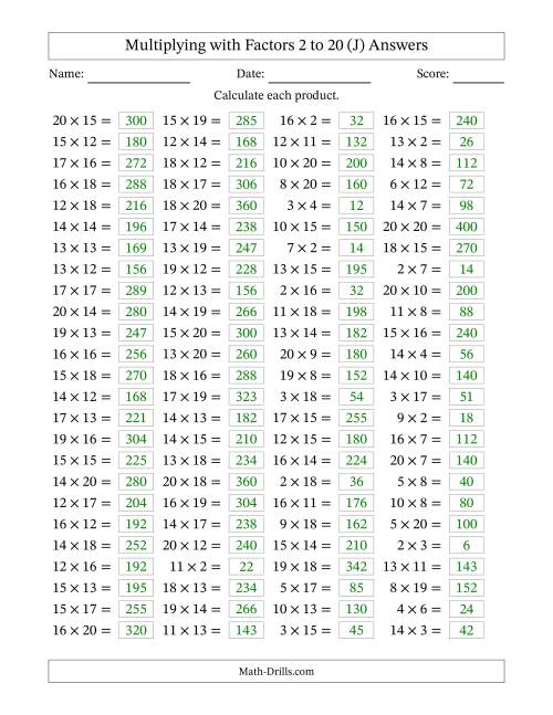 The Horizontally Arranged Multiplying with Factors 2 to 20 (100 Questions) (J) Math Worksheet Page 2